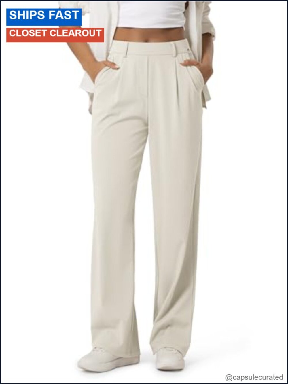 High Rise Wide Leg Trousers Adjustable Stretch Work Pants with Pockets 31 Inseam